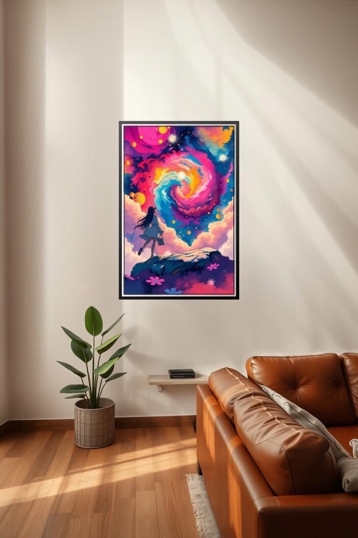 Anime Cosmic Fantasy Poster – Girl Under Vibrant Galaxy Sky picture
