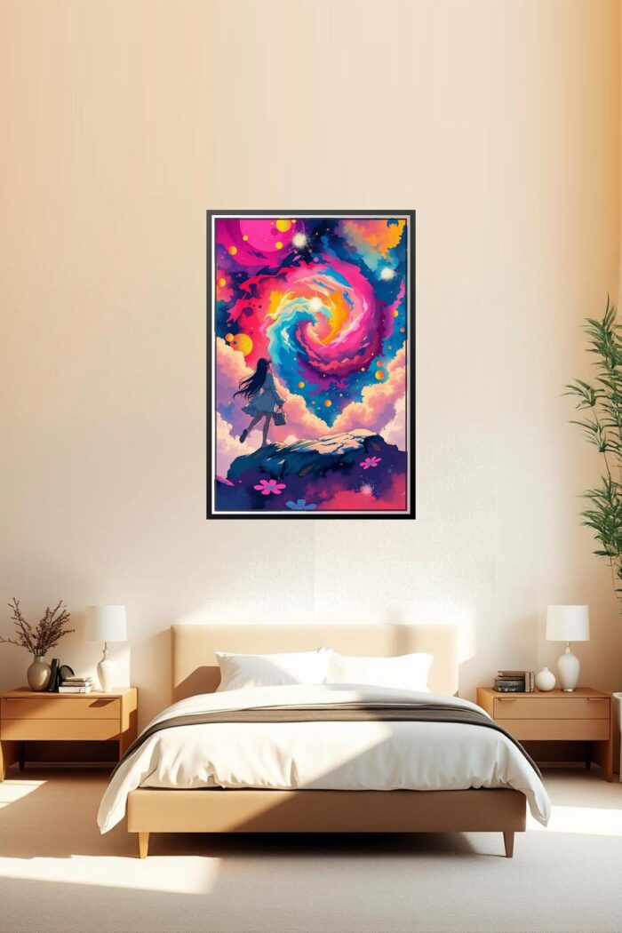 Anime Cosmic Fantasy Poster – Girl Under Vibrant Galaxy Sky picture