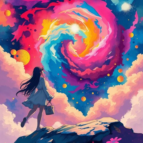 Anime Cosmic Fantasy Poster – Girl Under Vibrant Galaxy Sky picture