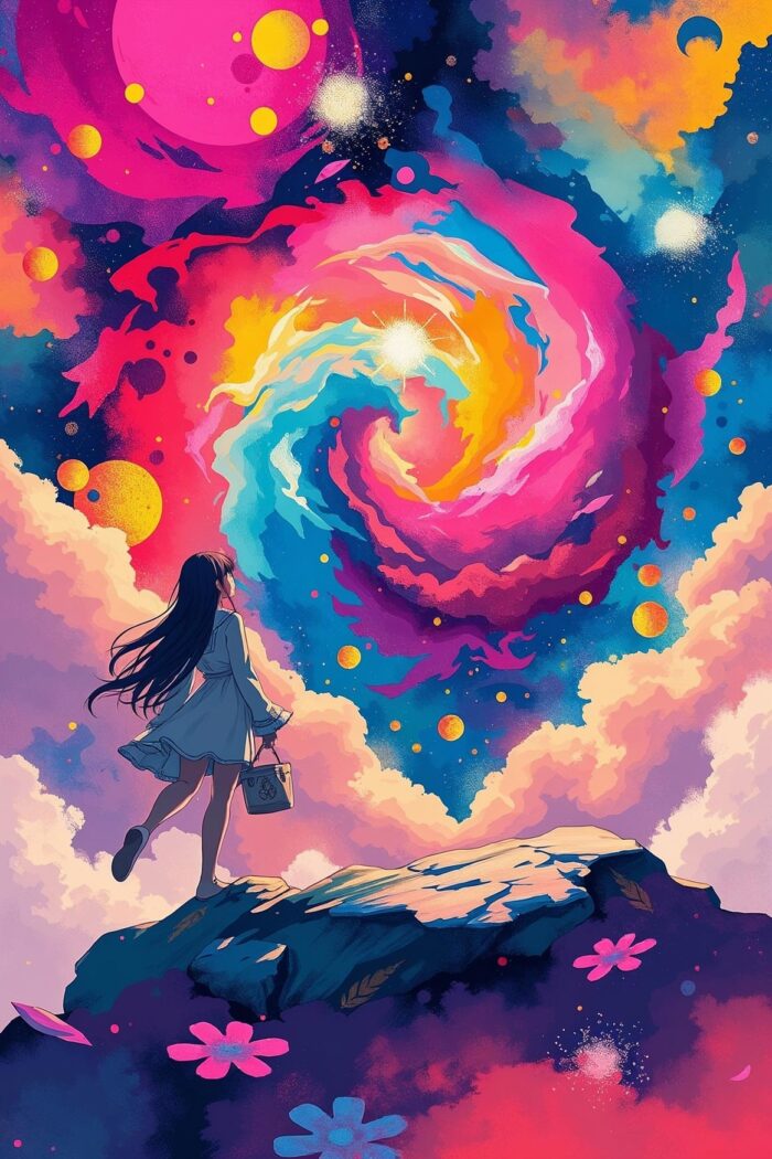 Anime Cosmic Fantasy Poster – Girl Under Vibrant Galaxy Sky picture