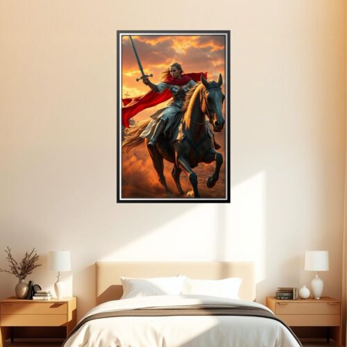 Warrior Woman Knight with Sword on Horseback – Epic Fantasy Sunset Poster picture