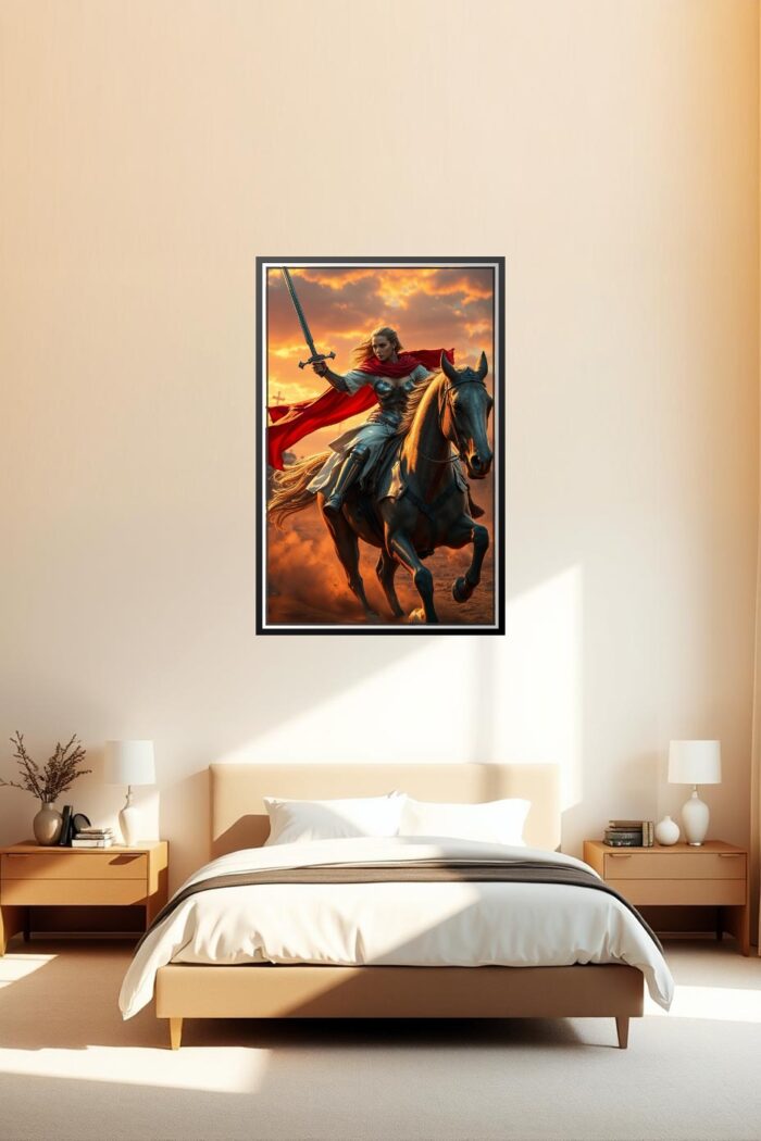Warrior Woman Knight with Sword on Horseback – Epic Fantasy Sunset Poster picture