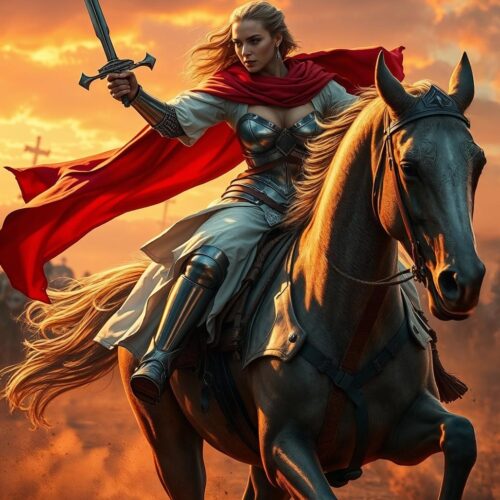 Warrior Woman Knight with Sword on Horseback – Epic Fantasy Sunset Poster picture