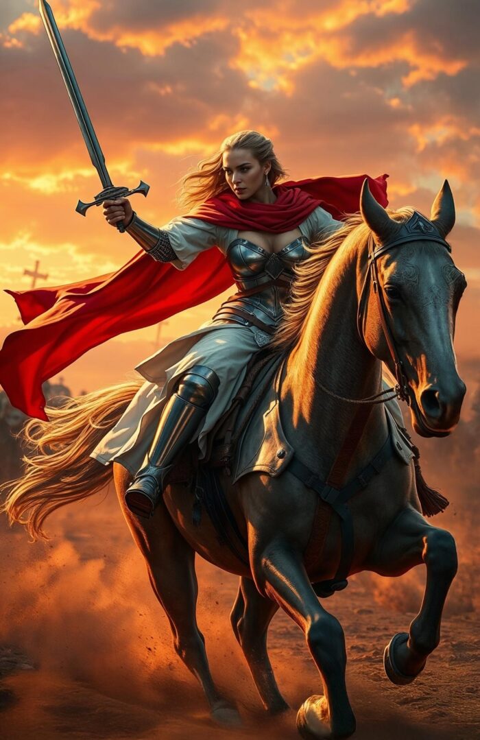 Warrior Woman Knight with Sword on Horseback – Epic Fantasy Sunset Poster picture