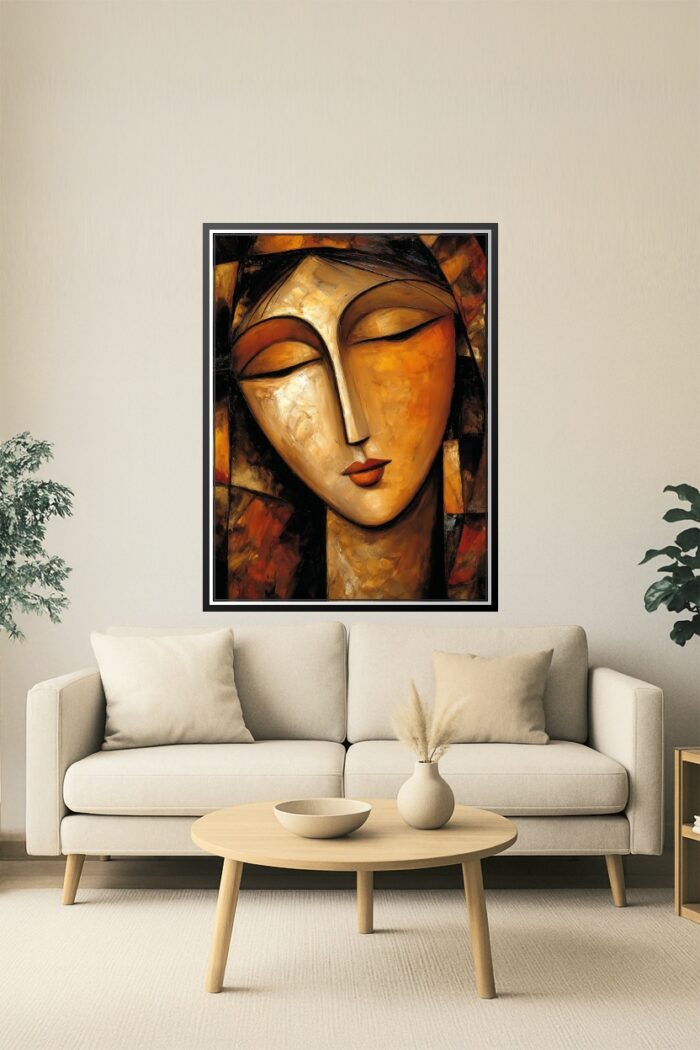 Abstract Woman with Closed Eyes – Modern Cubist Oil Painting Poster picture