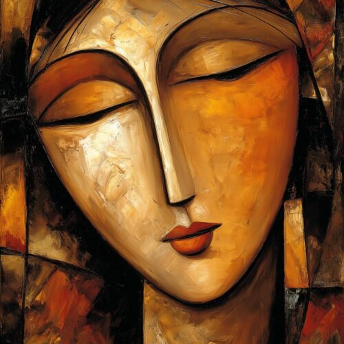 Abstract Woman with Closed Eyes – Modern Cubist Oil Painting Poster picture