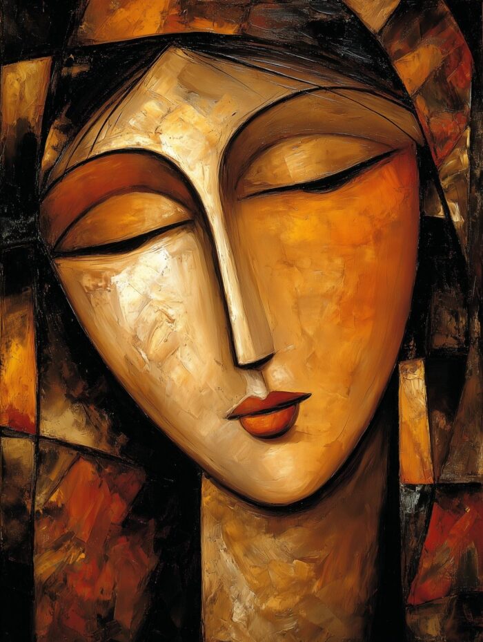Abstract Woman with Closed Eyes – Modern Cubist Oil Painting Poster picture