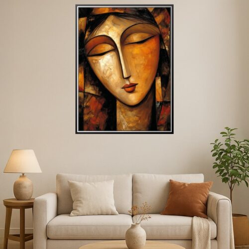 Abstract Woman with Closed Eyes – Modern Cubist Oil Painting Poster picture