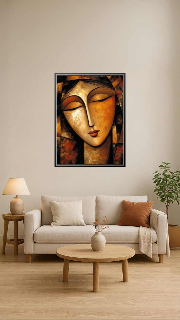 Abstract Woman with Closed Eyes – Modern Cubist Oil Painting Poster picture