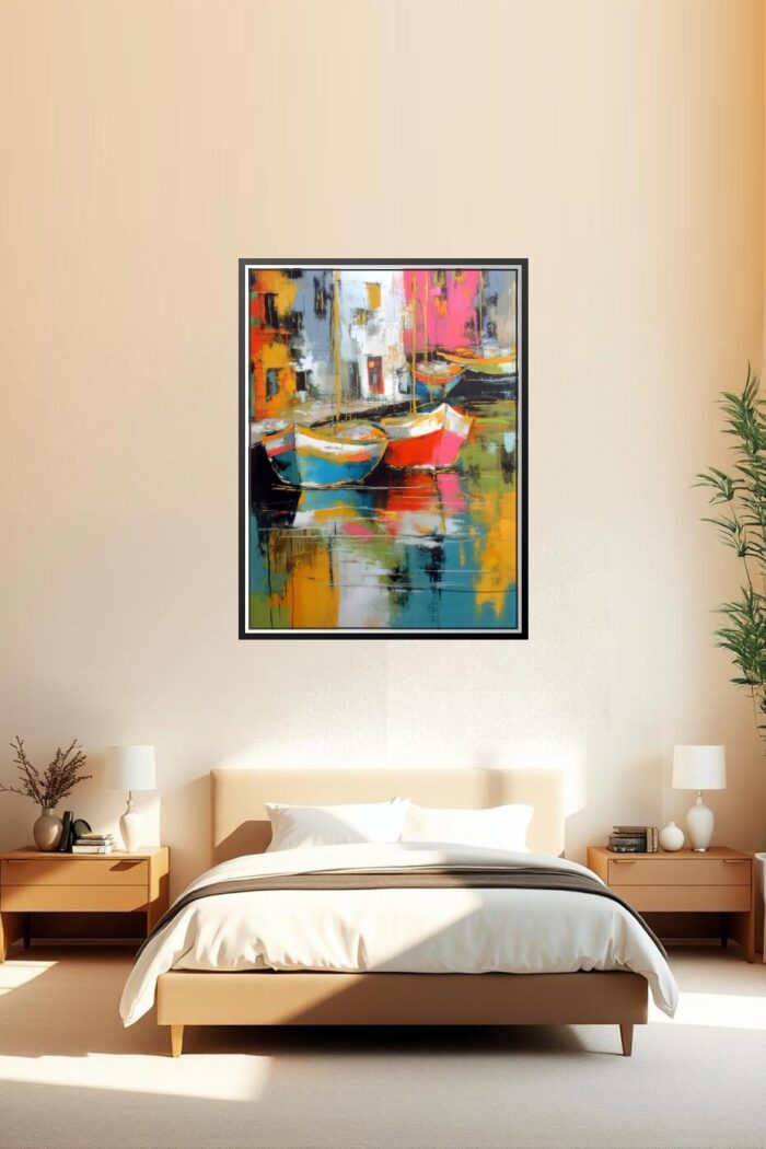 Colorful Boats in Harbor – Abstract Impressionist Art Poster picture