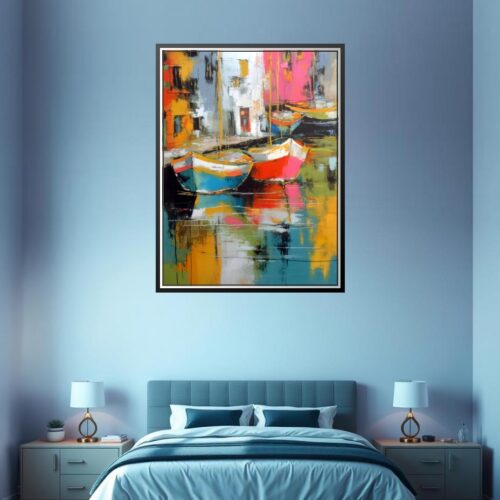 Colorful Boats in Harbor – Abstract Impressionist Art Poster picture