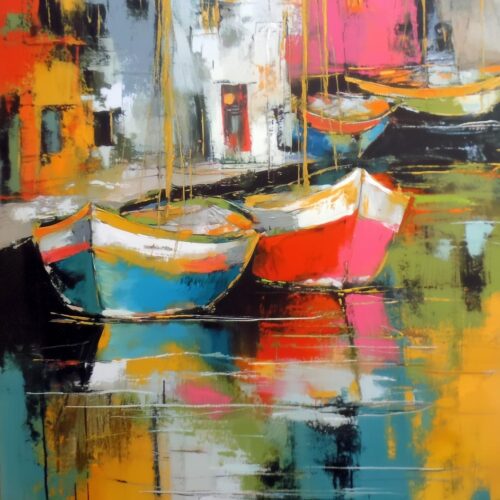 Colorful Boats in Harbor – Abstract Impressionist Art Poster picture