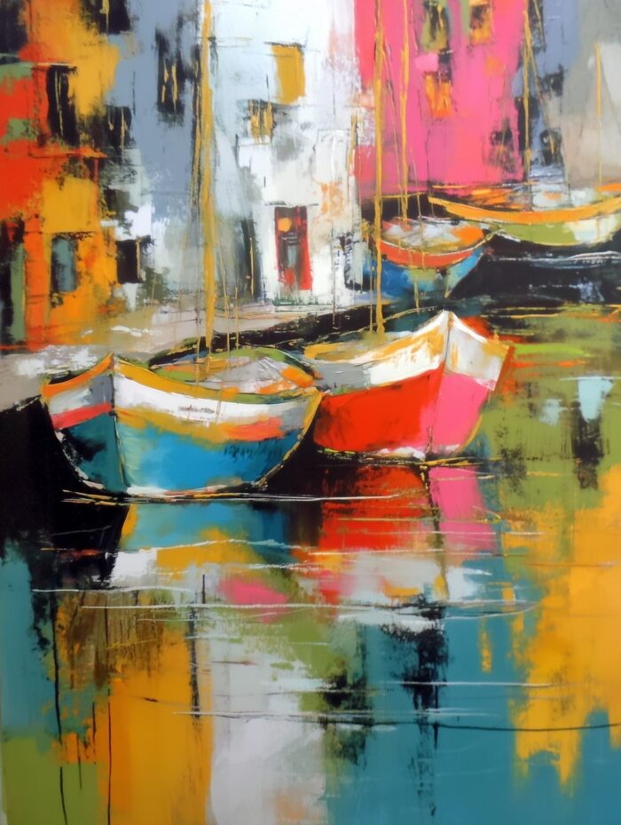 Colorful Boats in Harbor – Abstract Impressionist Art Poster picture
