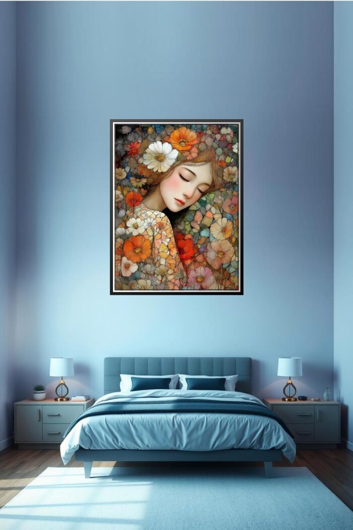 Dreaming Woman with Flowers – Fantasy Mosaic Art Style Poster picture