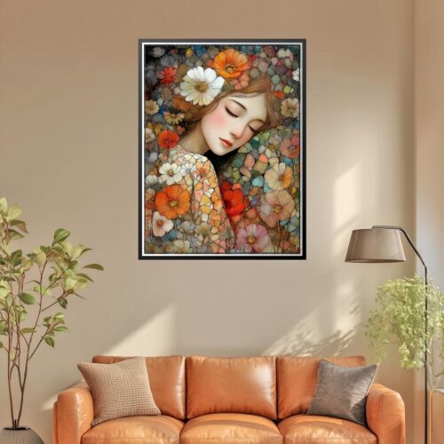 Dreaming Woman with Flowers – Fantasy Mosaic Art Style Poster picture