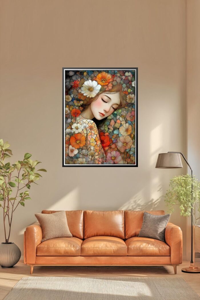 Dreaming Woman with Flowers – Fantasy Mosaic Art Style Poster picture