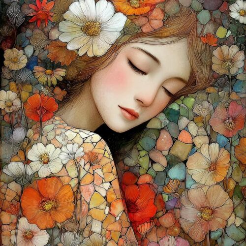 Dreaming Woman with Flowers – Fantasy Mosaic Art Style Poster picture