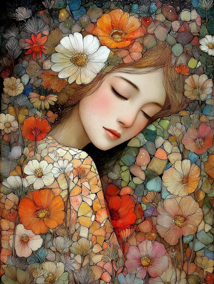 Dreaming Woman with Flowers – Fantasy Mosaic Art Style Poster picture