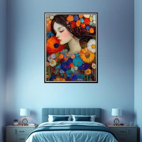 Sleeping Woman Among Flowers – Fantasy Mosaic Art Style Poster picture