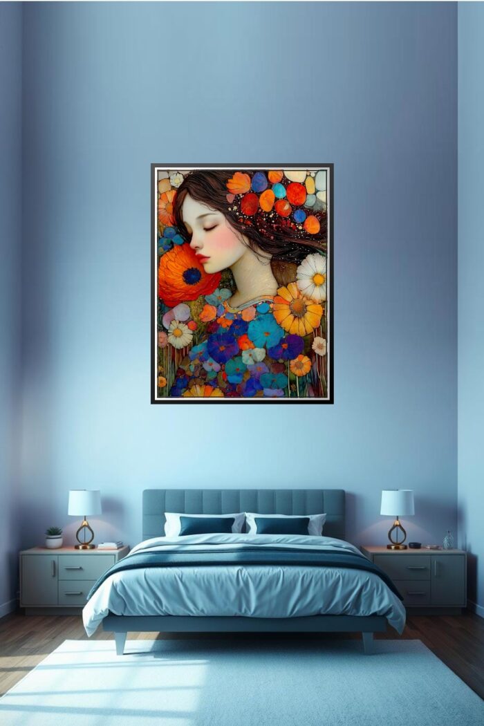 Sleeping Woman Among Flowers – Fantasy Mosaic Art Style Poster picture