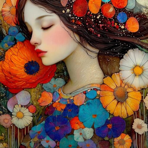 Sleeping Woman Among Flowers – Fantasy Mosaic Art Style Poster picture