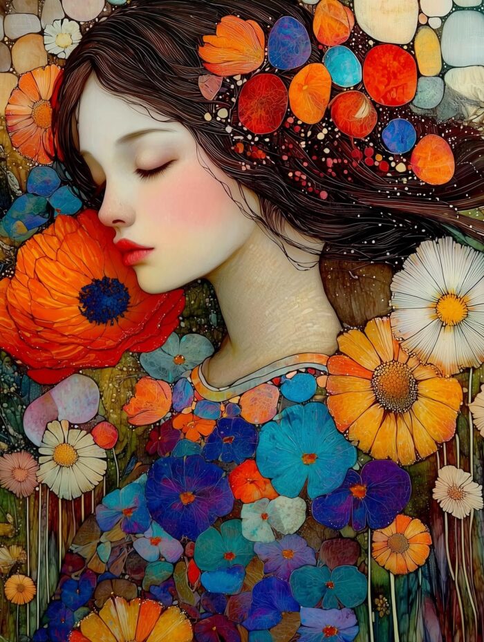Sleeping Woman Among Flowers – Fantasy Mosaic Art Style Poster picture