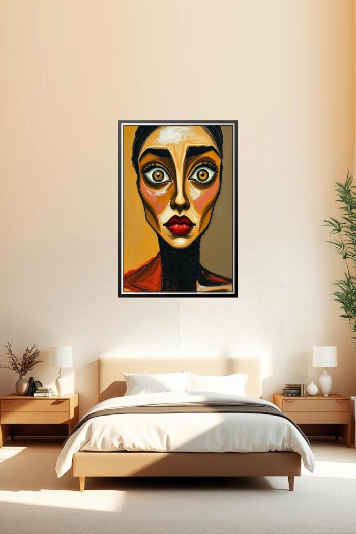 Modern Abstract Woman Portrait Painting – Bold Expressionist Face Art with Surreal Eyes picture
