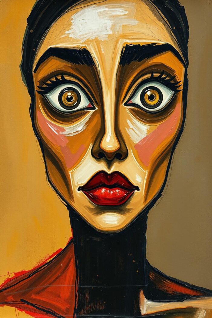 Modern Abstract Woman Portrait Painting – Bold Expressionist Face Art with Surreal Eyes picture