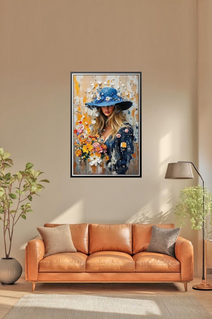 Woman with Blue Hat and Flowers – Modern Digital Impressionist Art Poster picture