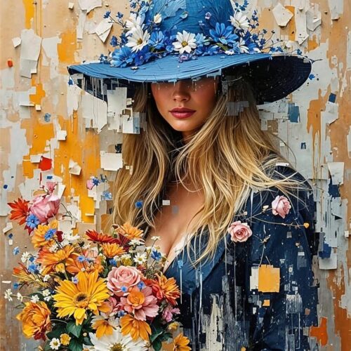 Woman with Blue Hat and Flowers – Modern Digital Impressionist Art Poster picture