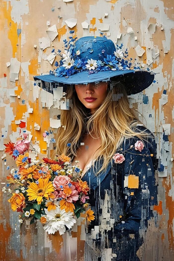 Woman with Blue Hat and Flowers – Modern Digital Impressionist Art Poster picture