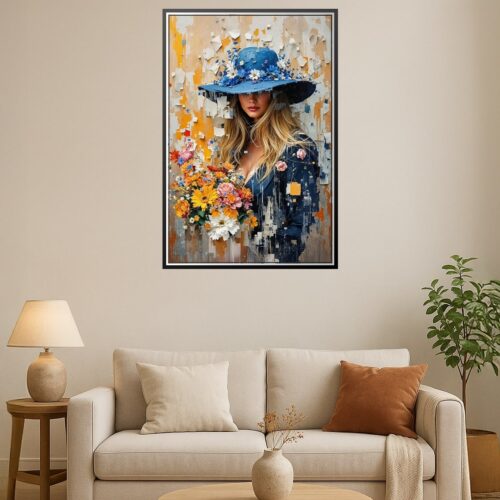Woman with Blue Hat and Flowers – Modern Digital Impressionist Art Poster picture