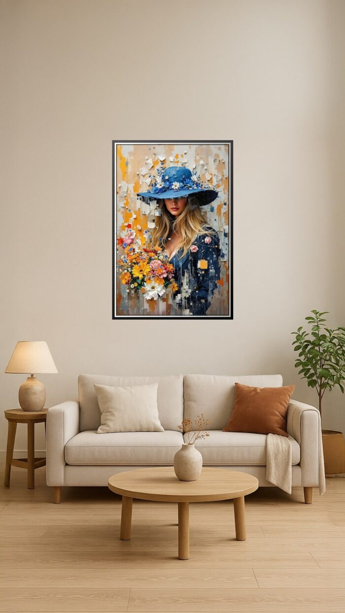 Woman with Blue Hat and Flowers – Modern Digital Impressionist Art Poster picture