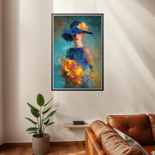 Elegant Woman in Blue Hat – Geometric Abstract Art Style Poster picture