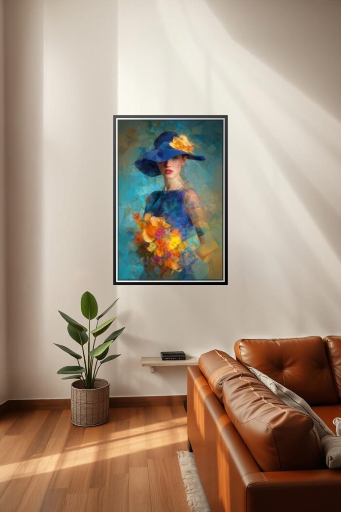 Elegant Woman in Blue Hat – Geometric Abstract Art Style Poster picture