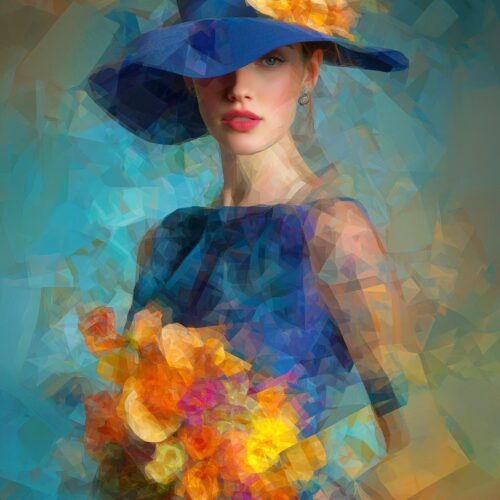 Elegant Woman in Blue Hat – Geometric Abstract Art Style Poster picture