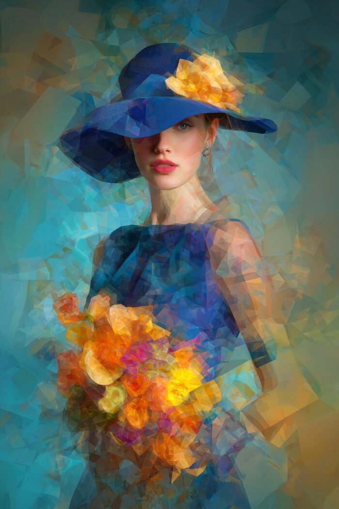 Elegant Woman in Blue Hat – Geometric Abstract Art Style Poster picture