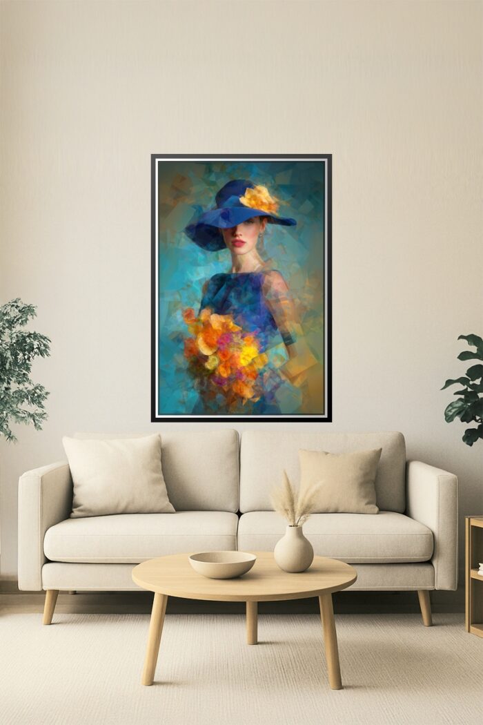 Elegant Woman in Blue Hat – Geometric Abstract Art Style Poster picture