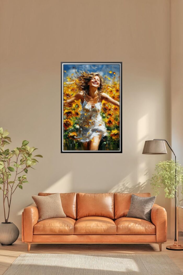 Joyful Woman in Sunflower Field – Impressionist Oil Painting Style Wall Art picture