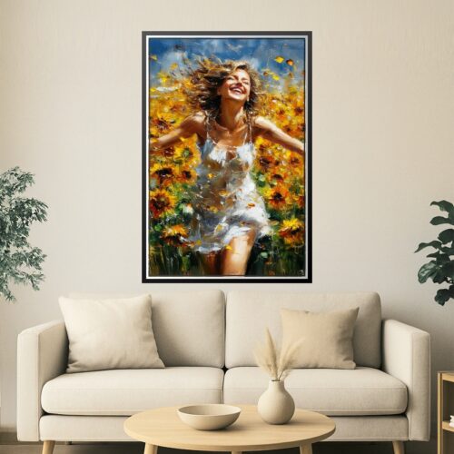 Joyful Woman in Sunflower Field – Impressionist Oil Painting Style Wall Art picture