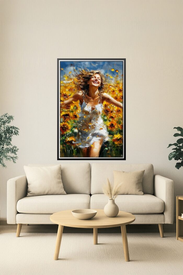 Joyful Woman in Sunflower Field – Impressionist Oil Painting Style Wall Art picture