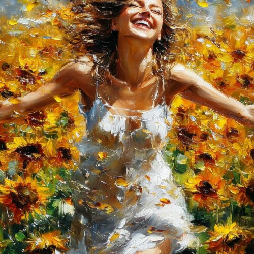 Joyful Woman in Sunflower Field – Impressionist Oil Painting Style Wall Art picture