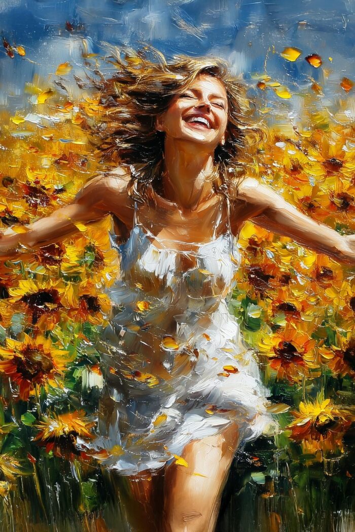 Joyful Woman in Sunflower Field – Impressionist Oil Painting Style Wall Art picture