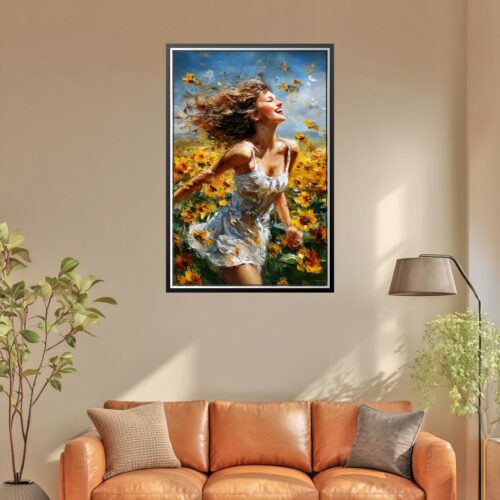 Joyful Woman in Sunflower Field Painting – Vibrant Impressionist Summer Wall Art picture