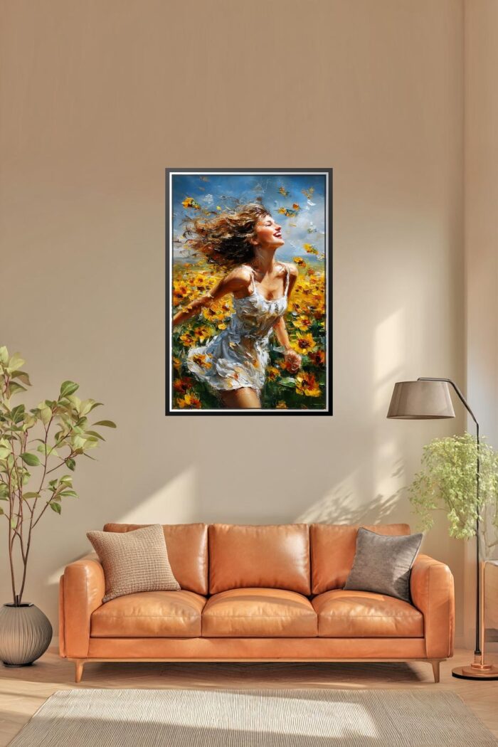 Joyful Woman in Sunflower Field Painting – Vibrant Impressionist Summer Wall Art picture