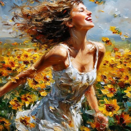 Joyful Woman in Sunflower Field Painting – Vibrant Impressionist Summer Wall Art picture