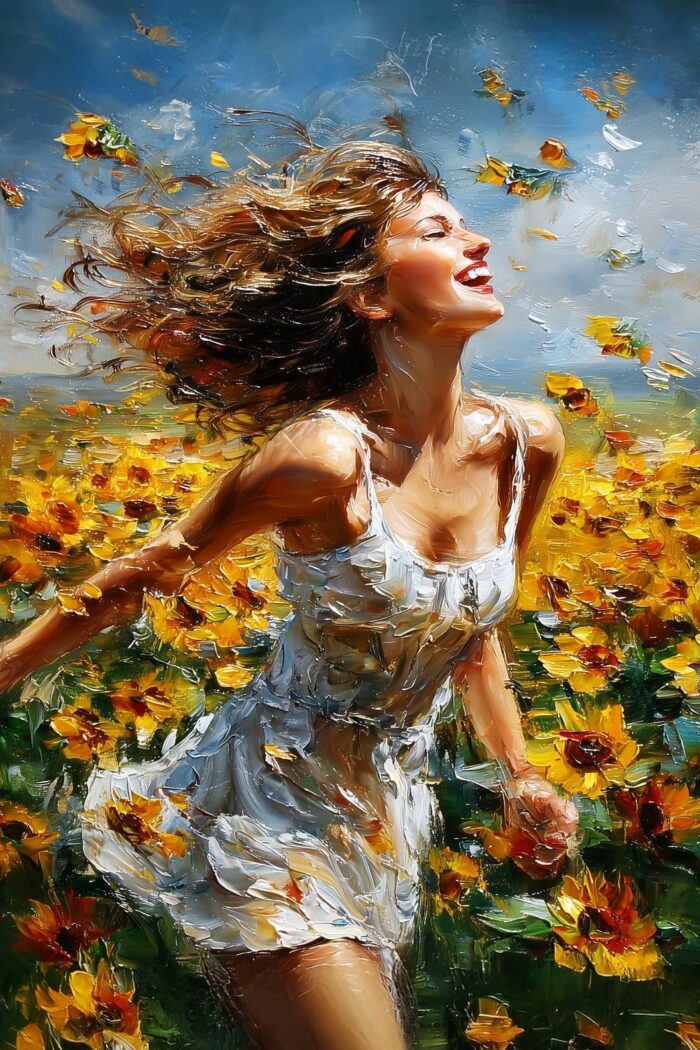 Joyful Woman in Sunflower Field Painting – Vibrant Impressionist Summer Wall Art picture
