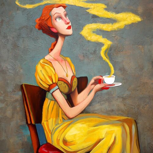 Whimsical Tea Lady Poster – Expressionist Oil Painting Style picture
