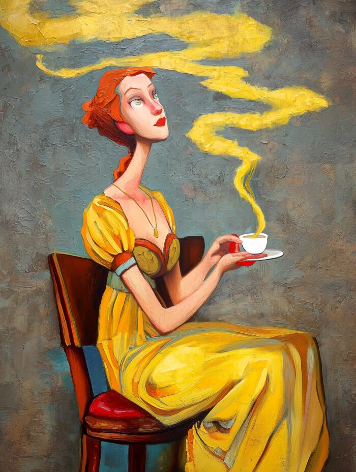 Whimsical Tea Lady Poster – Expressionist Oil Painting Style picture