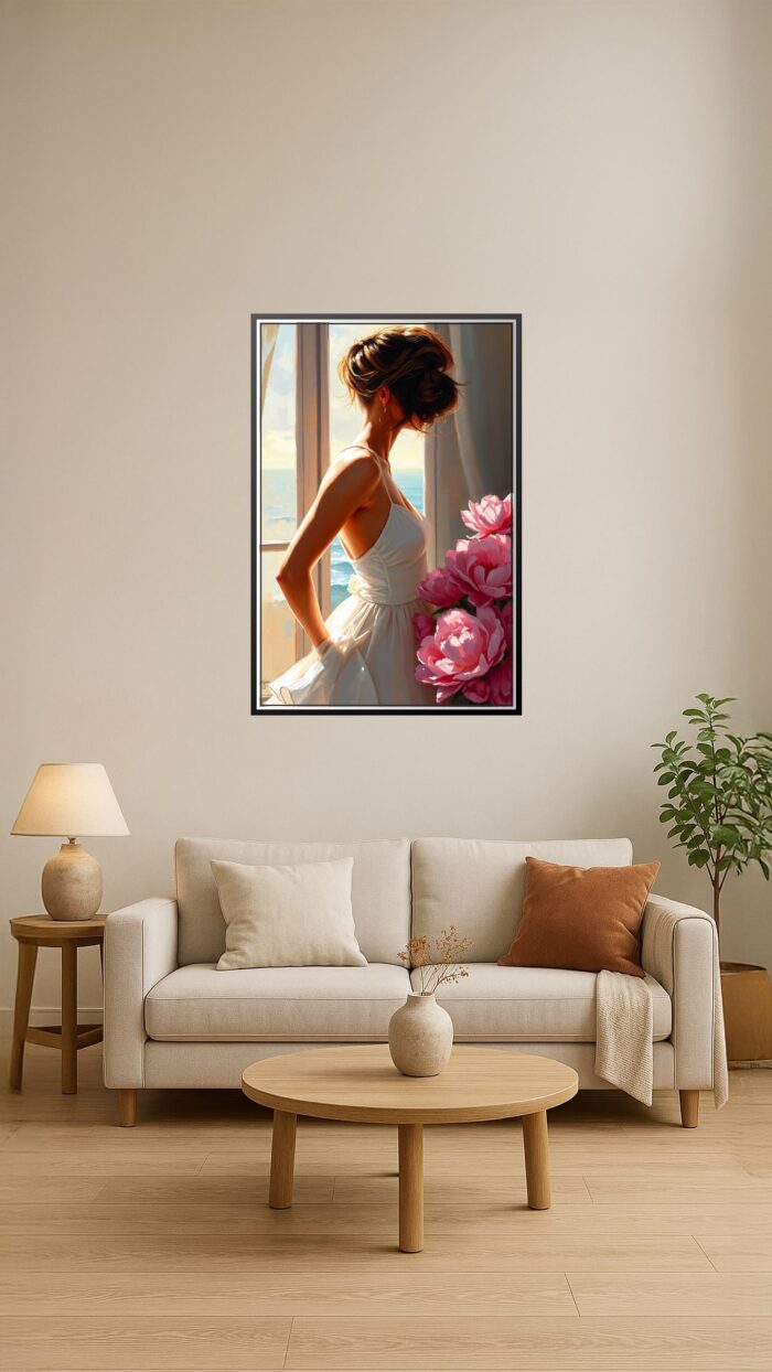 Woman by the Window Poster – Romantic Realism Oil Painting Style picture